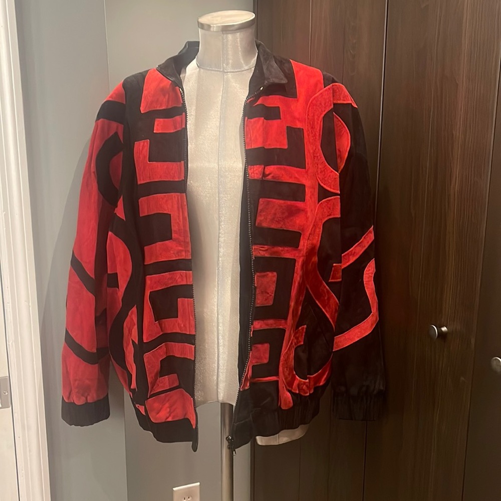 JULIAN K 100% vintage suede black and red graphic bomber